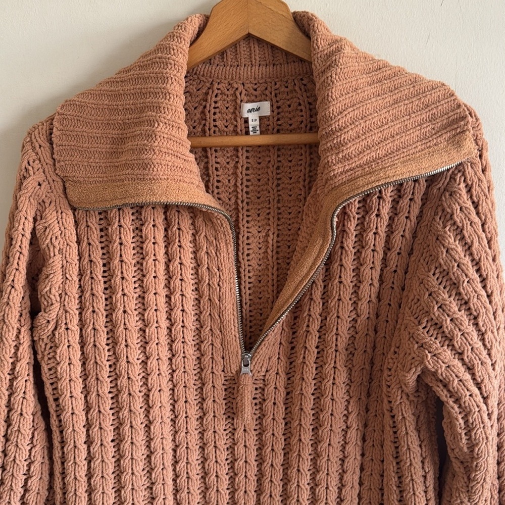 Aerie cable car oversized knit sweater quarter 1/4 zip soft oversized tan size S - Picture 3 of 7